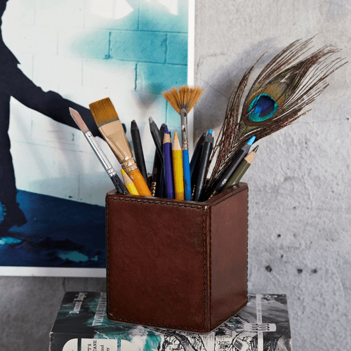 Image showing the Pen Pot, Square, Tan Leather, 10cm product.