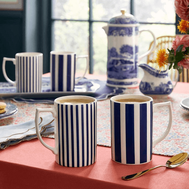 Stecatto Set of 4 Mugs, 340ml, White and Blue Narrow Stripe