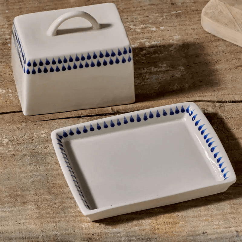 Indigo Drop Butter Dish, Cream & Blue