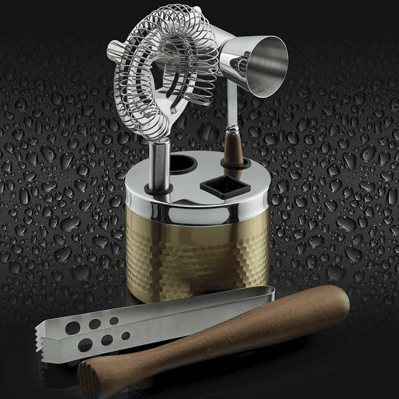 5 Piece Cocktail Tool Set, Hammered Brass Finish