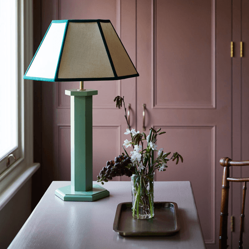 Image showing the Hexagon Linen Lampshade, 14", Cream/Green Trim product.