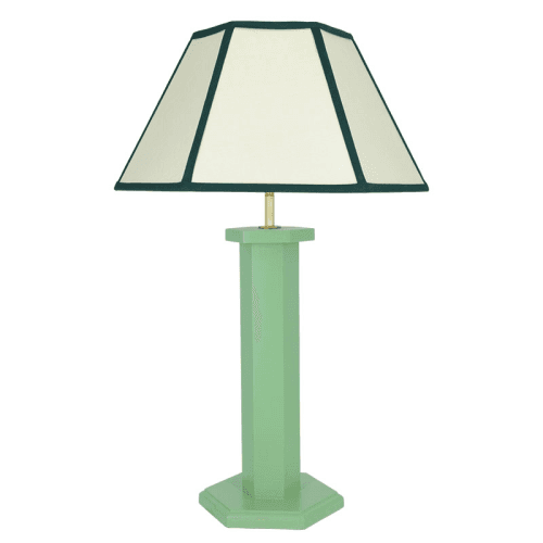 Image showing the Hexagon Linen Lampshade, 14", Cream/Green Trim product.