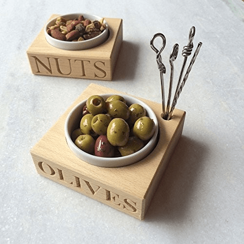 Olive Olive holder with porcelain dish and 4 picks, 3.2 x 10.5 x 10.5cm, Beech Wood, Porcelain And Stainless Steel