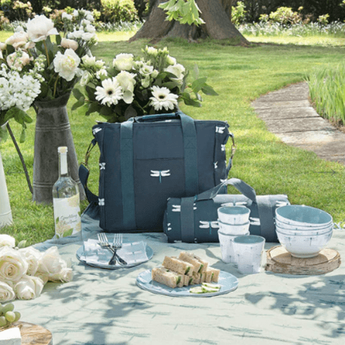 Image showing the Dragonfly Knitted picnic blanket, 145 x 145cm, Grey/Blue product.
