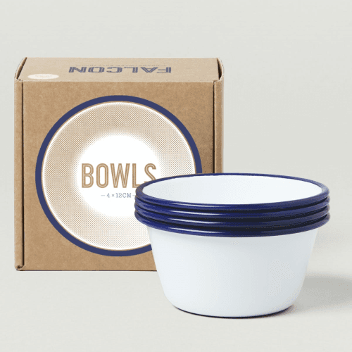 Image showing the Set of 4 enamel bowls, D12cm, White With Blue Rim product.