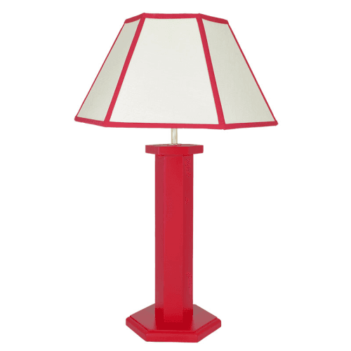 Image showing the Hexagon Linen Lampshade, 16", Cream/ Red Trim product.