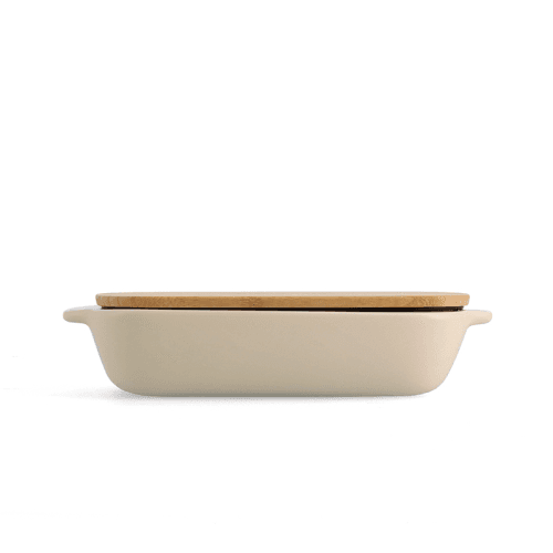Image showing the Stoneware Dish with Bamboo Lid, 26cm, Almond Cream product.