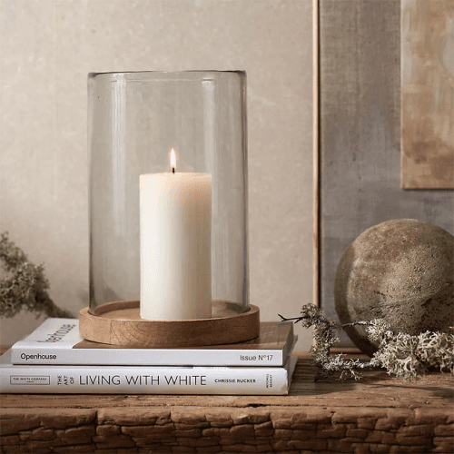 Image showing the Mango Wood Hurricane Candle Holder, H28.5cm, Clear product.