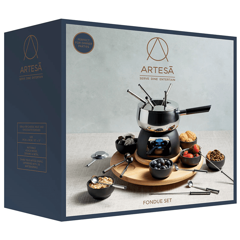 6 Person Party Fondue Set, Stainless Steel/Black Glaze
