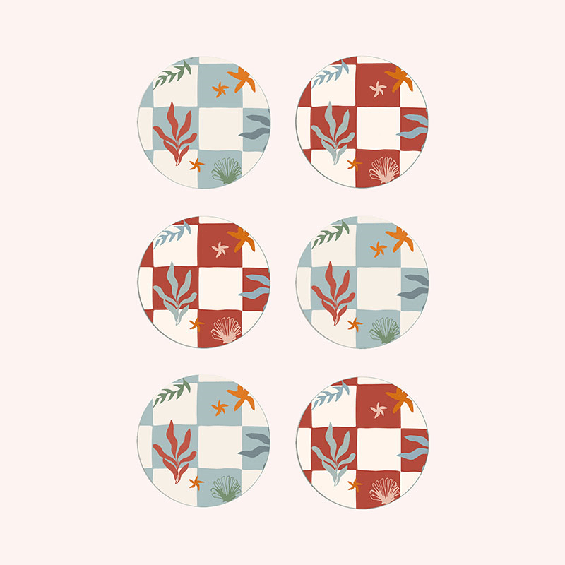 Nautical Checks Set of 6 Coasters, D10cm, Red & Blue