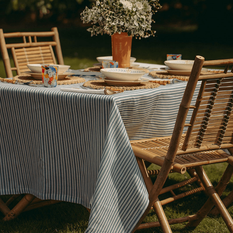 Victoria Striped Linen Tablecloth, 180 x 330cm, Chalk Blue