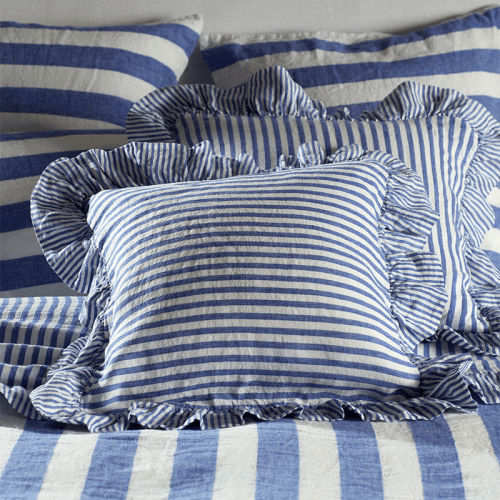 Image showing the Cora Stripe Linen Frill Edge Cushion Cover, 50 x 50cm, Cobalt product.
