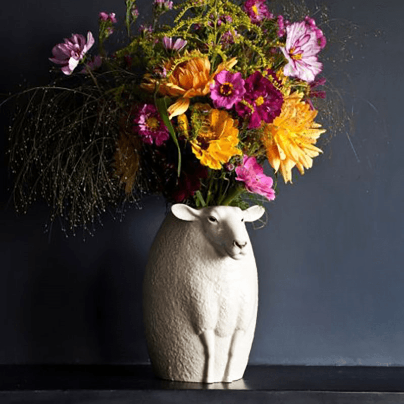 White Faced Suffolk Sheep Flower Vase, H23cm, White