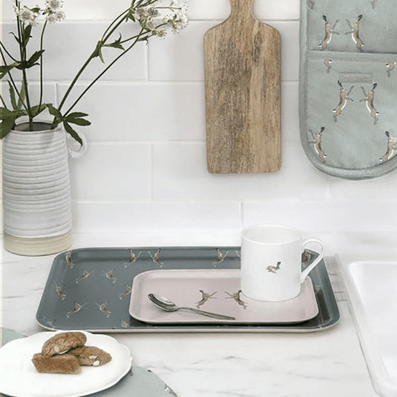 Boxing Hares Large Printed Tray, Blue