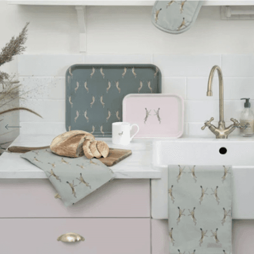 Image showing the Boxing Hares Set of 2 Tea Towels, Duck Egg Grey product.