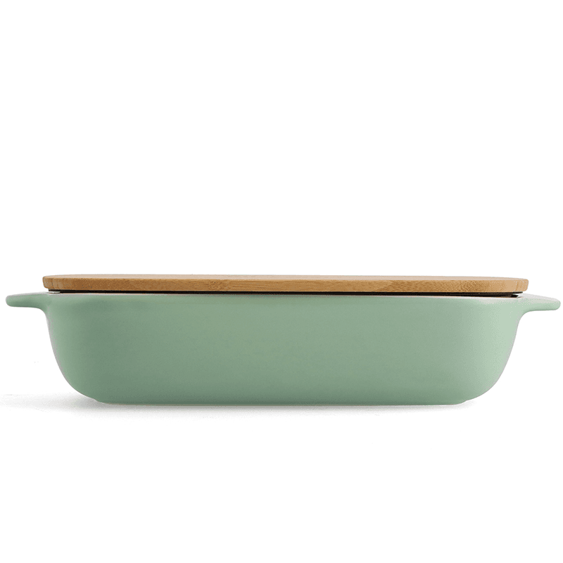 Stoneware Dish with Bamboo Lid, 32cm, Pistachio