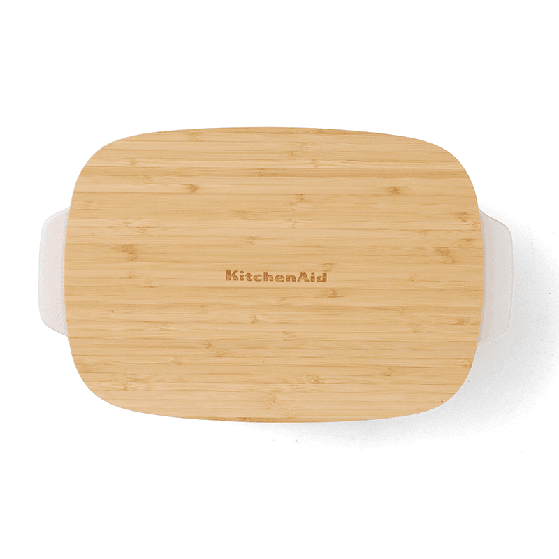Stoneware Dish with Bamboo Lid, 32cm, Almond Cream