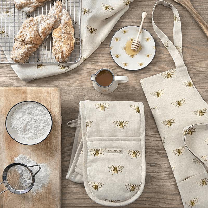 Bees Linen Double Oven Glove, Natural, Yellow