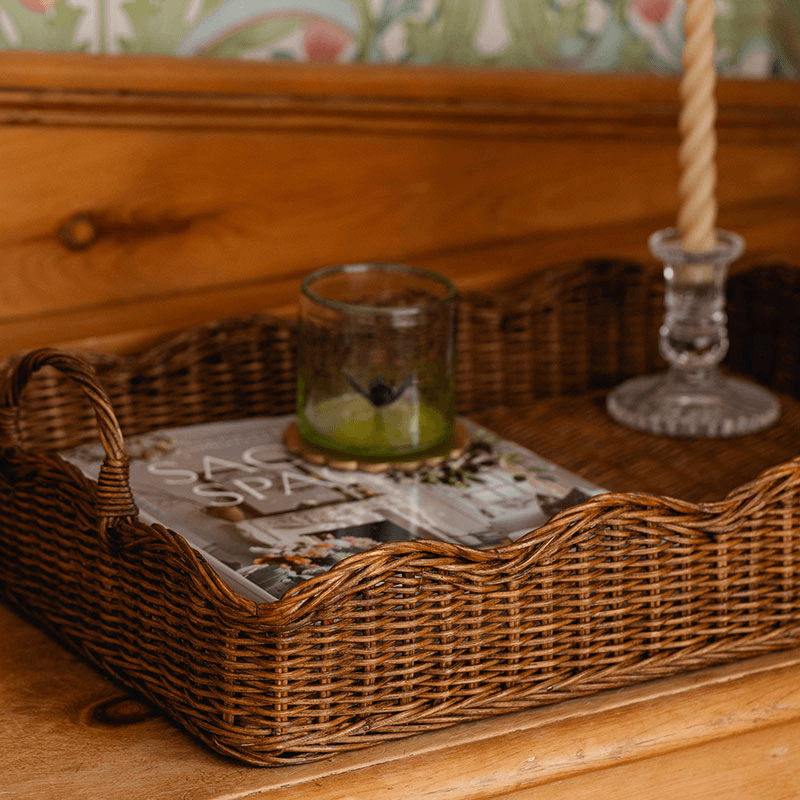 Rattan Scalloped Tray, Teak