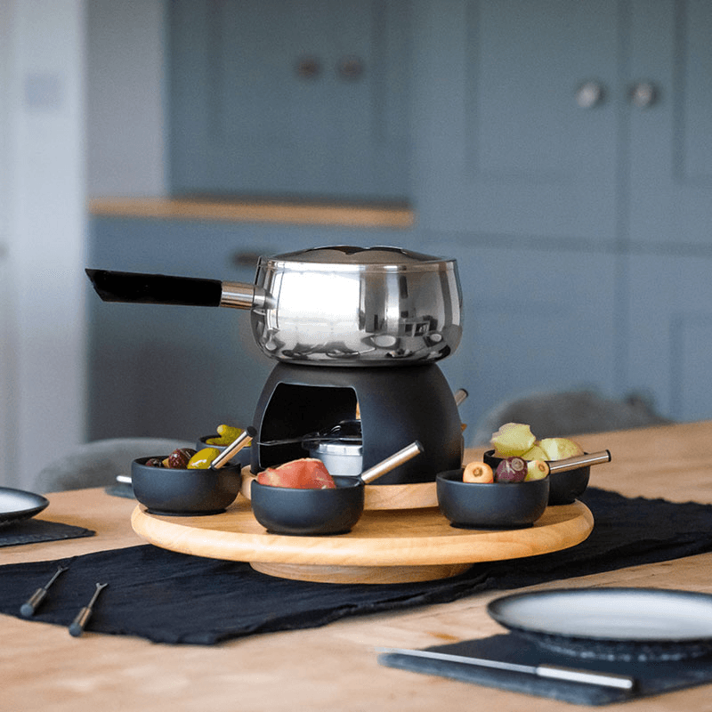 6 Person Party Fondue Set, Stainless Steel/Black Glaze