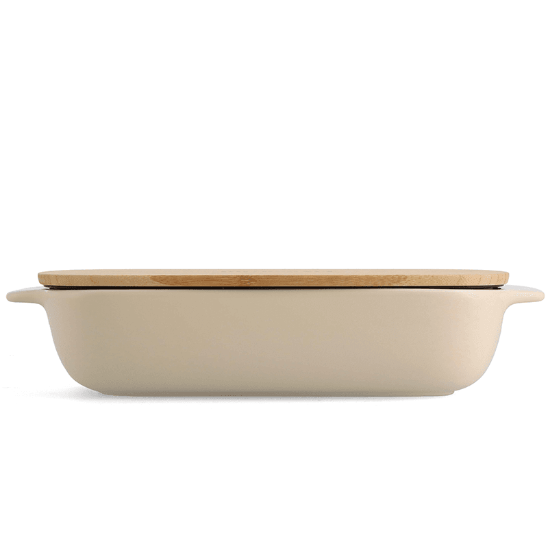 Stoneware Dish with Bamboo Lid, 32cm, Almond Cream