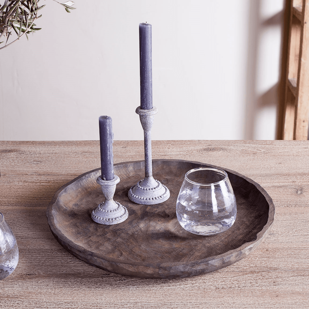 Nyati Mango Wood Etched Round Tray, Dark