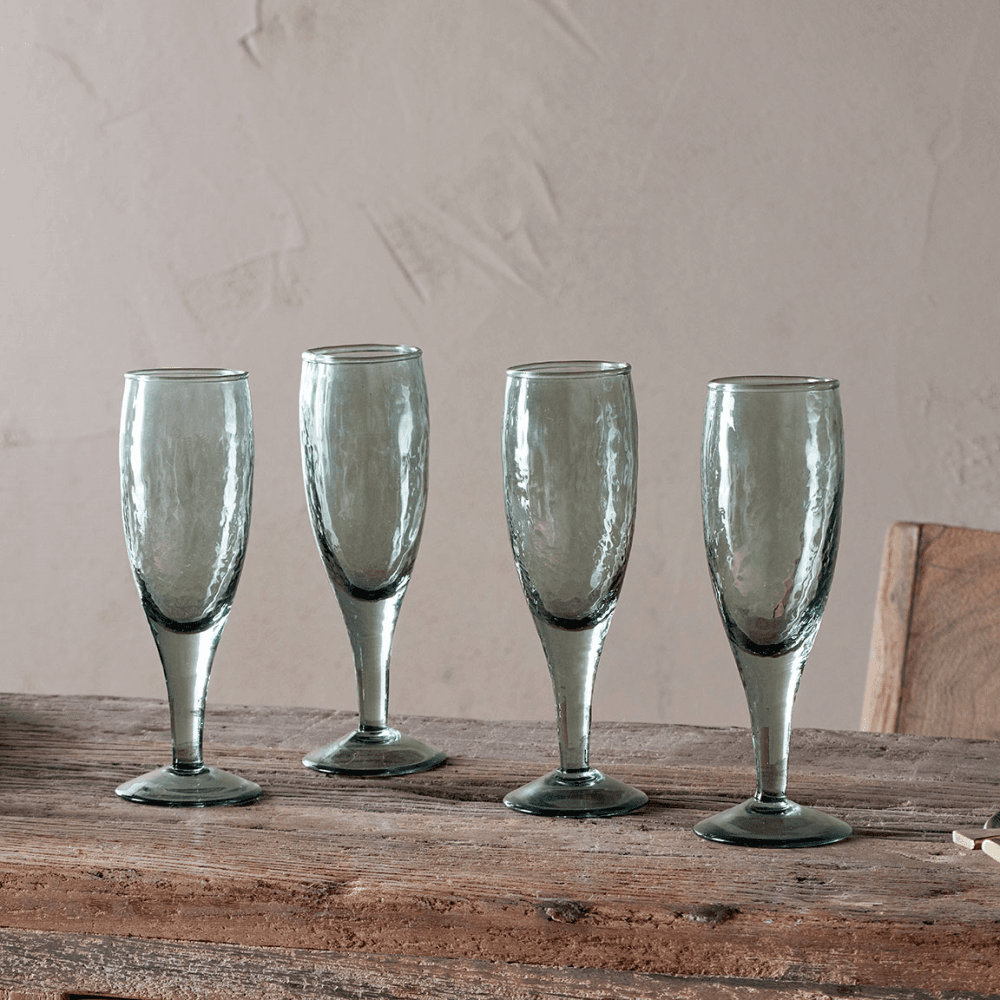 Yala Set of 4 Hammered Champagne Flutes, Sage Green