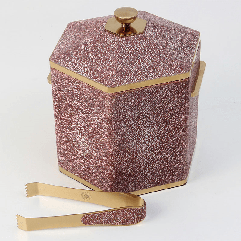 Shagreen Ice Bucket and Tongs, Coral