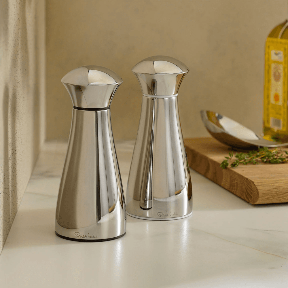 Signature Bright Salt & Pepper Mill & Tray Set, Stainless Steel