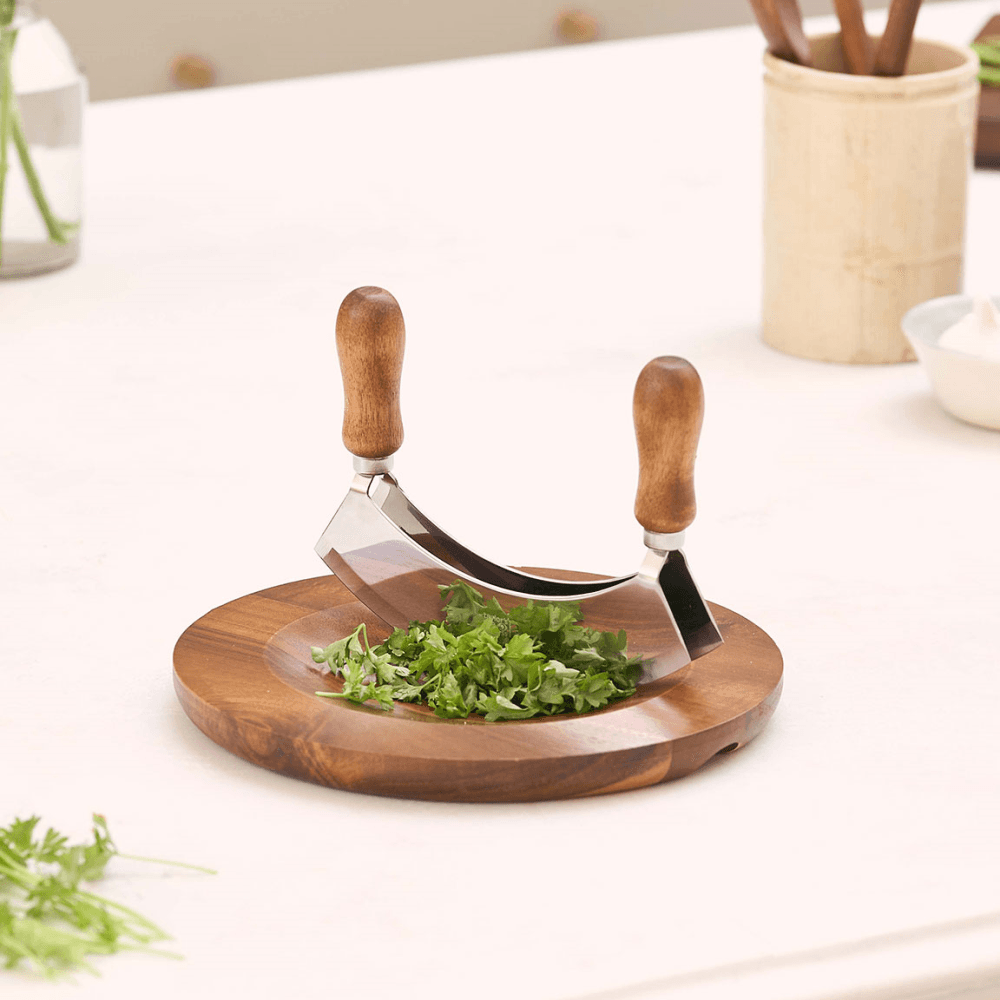 Mezzaluna with Round Board, Acacia Wood