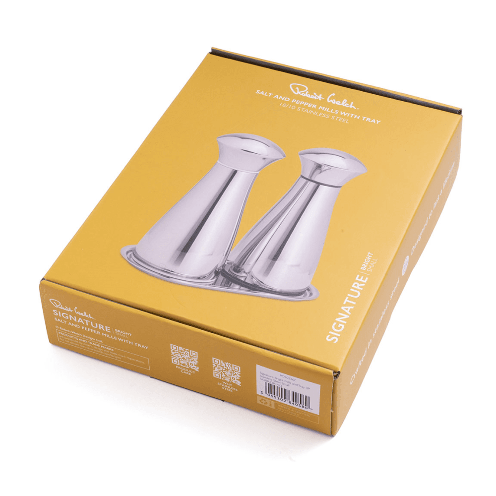 Signature Bright Salt & Pepper Mill & Tray Set, Stainless Steel