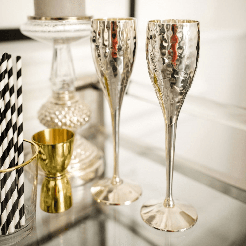 Hammered Set of 2 Champagne Goblets, Silver