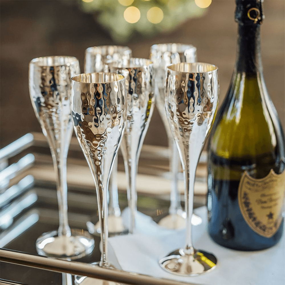 Hammered Set of 2 Champagne Goblets, Silver