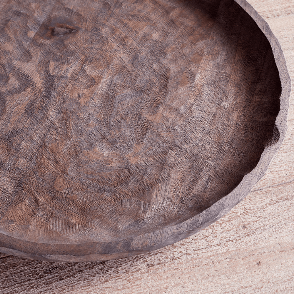 Nyati Mango Wood Etched Round Tray, Dark