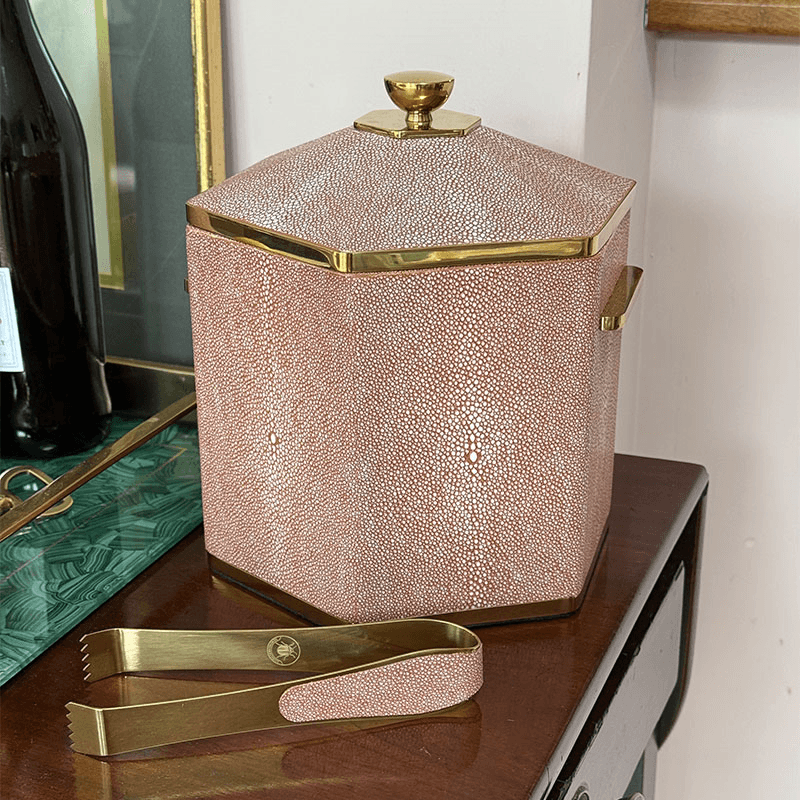 Shagreen Ice Bucket and Tongs, Coral