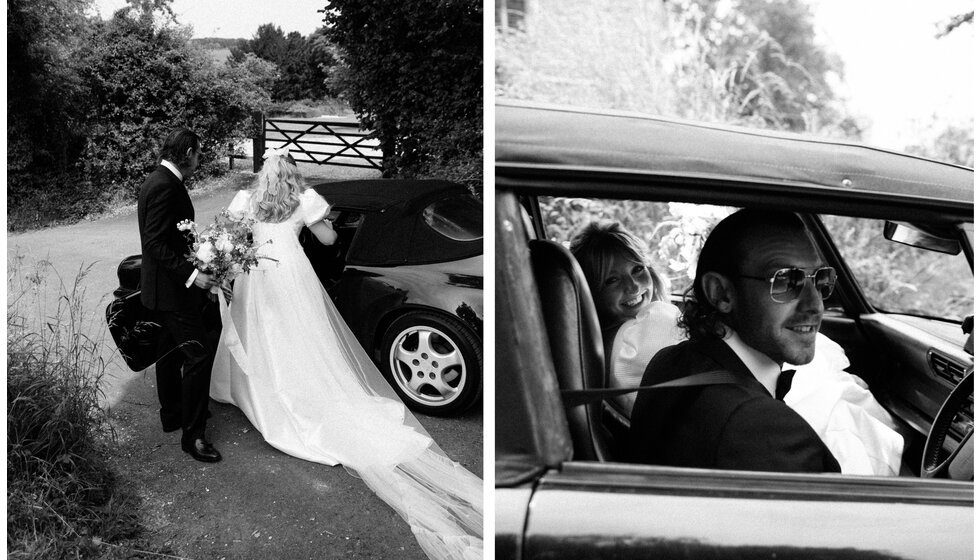 Whimsical Tuscan-Inspired Wedding in Hampshire | Bride and groom getting into their black vintage convertible