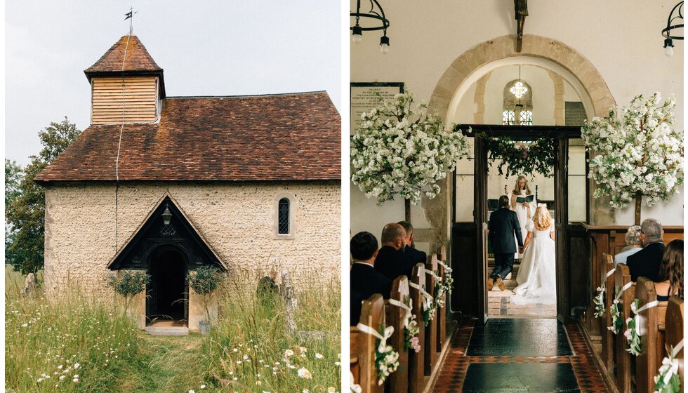 Whimsical Tuscan-Inspired Wedding in Hampshire | Bride and groom during their whimsical wedding ceremony in a medieval church in Hampshire