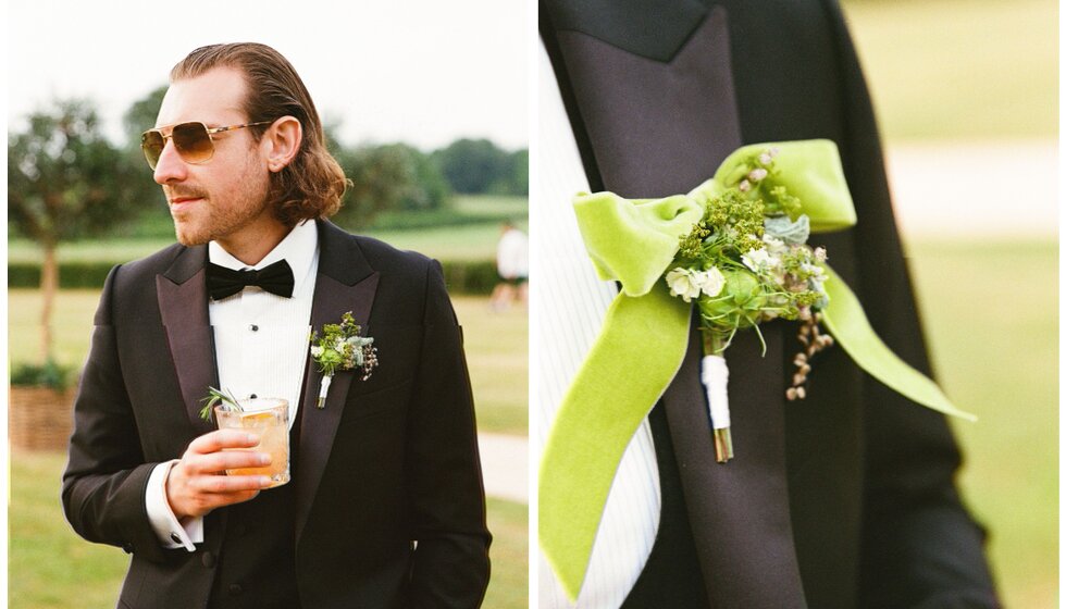 Whimsical Tuscan-Inspired Wedding in Hampshire | Groom in a black suit with bowtie and green bow boutonniere