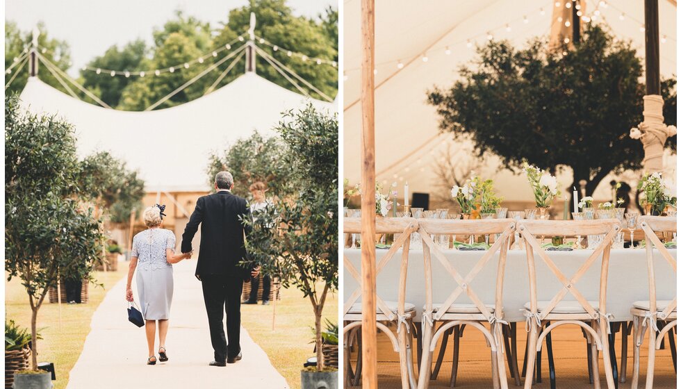 Whimsical Tuscan-Inspired Wedding in Hampshire | Wedding guest arriving to a beautiful wedding marquee with Tuscan-inspired table decoration