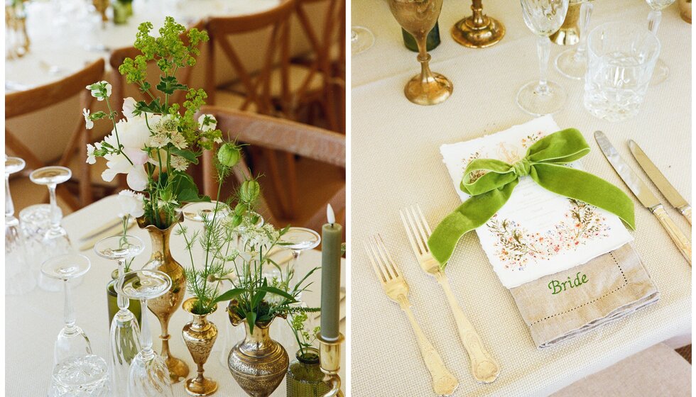 Whimsical Tuscan-Inspired Wedding in Hampshire | Details of Tuscan-inspired wedding featuring white flowers and green foliage, vintage candleholders, wedding stationery on a hand-embroidered napkin with olive green velvet bow