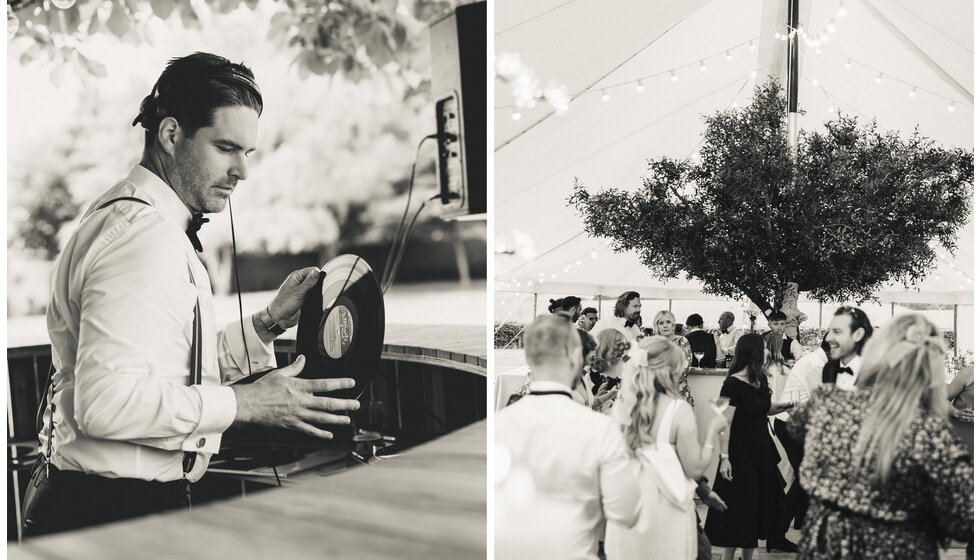 Whimsical Tuscan-Inspired Wedding in Hampshire | Wedding Dj mixing from the booth and wedding guests dancing under a olive tree with LED lights