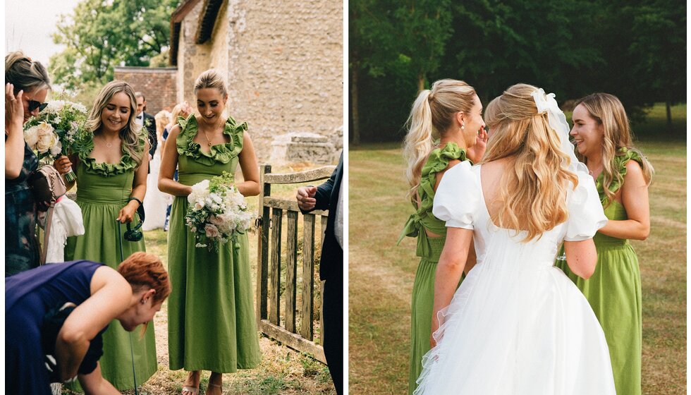 Whimsical Tuscan-Inspired Wedding in Hampshire | Bridesmaids in ruffled olive green dresses and bow hair accessories walk next to the bride