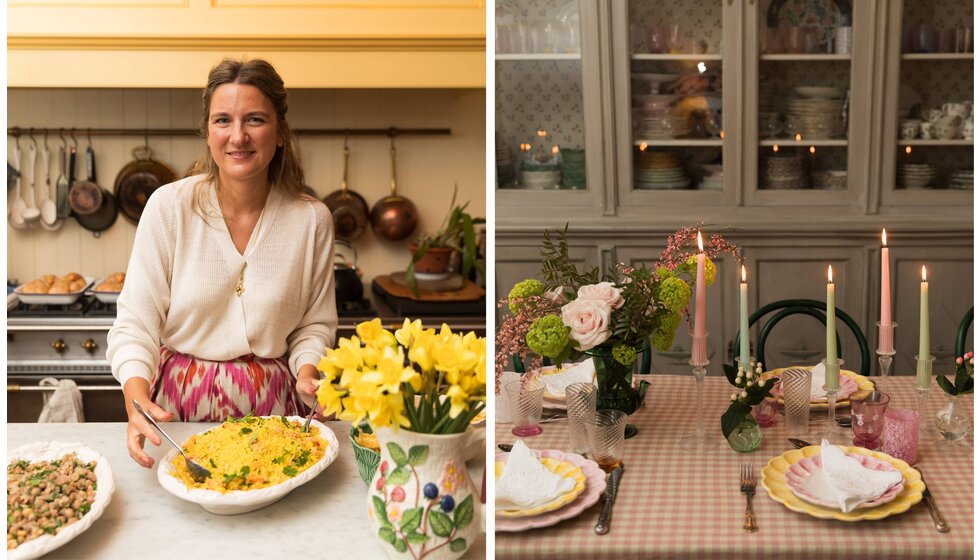 Supper Club with Skye McAlpine | Skye McAlpine preparing food for table, decorated with pink and yellow crockery and candles on a gingham tablecloth