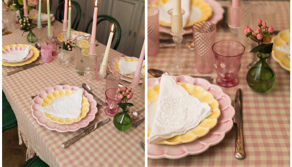 Supper Club with Skye McAlpine | A close up of pink and yellow tableware pieces from Skye McAlpine Tavola collection