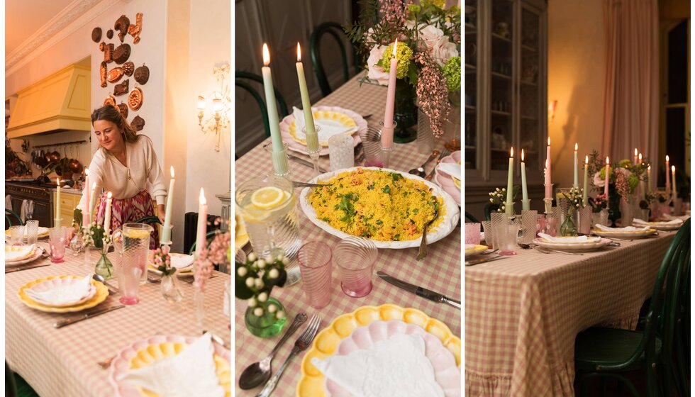 Supper Club with Skye McAlpine | Skye McAlpine setting tablescape at her home, using pink and yellow tableware, white platters and candles