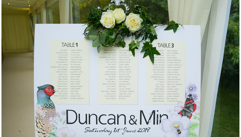 This table plan was illustrated with pheasants, flowers and butterflies by Barry Holmes.