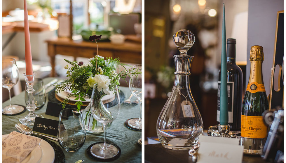 2 images. One of a close up of the styled tablescape and the other a close up of the antiques/wine accessories section.