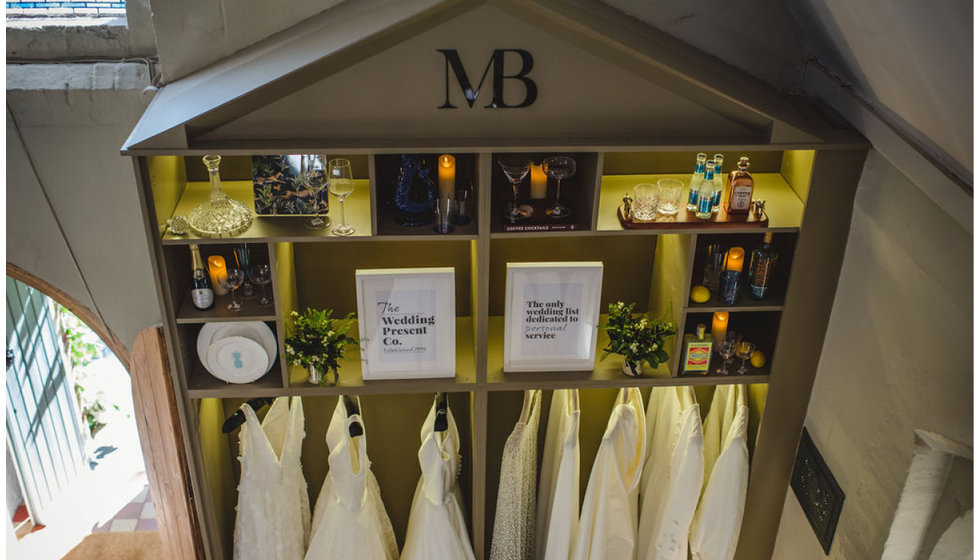 Display boxes in the Miss Bush Chapel displayed with products from The Wedding Present Co.