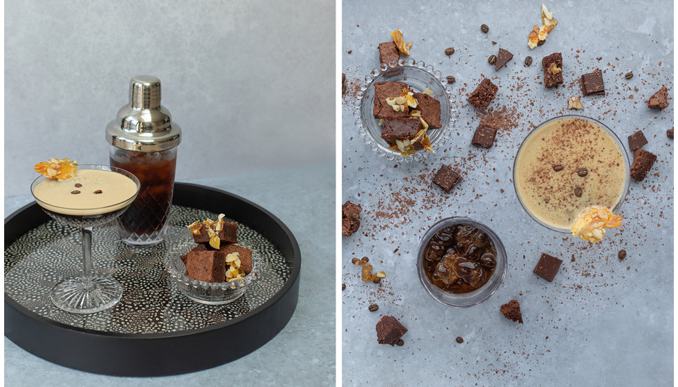 An espresso martini from two angles alongside delicious salted caramel brownies.