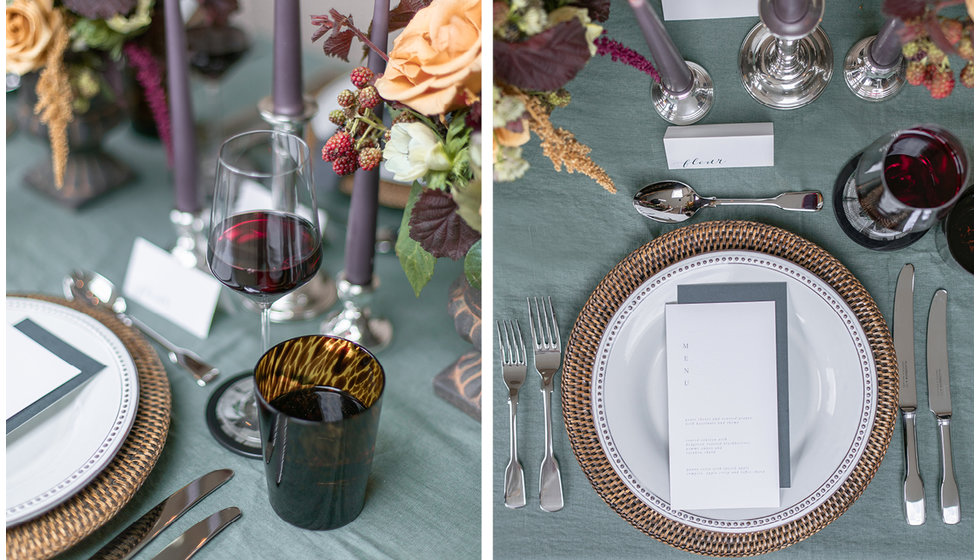 Detail shots of our tablescape showing the rattan placemats, glassware, table linen and cutlery. 